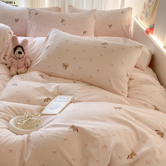 91家纺网 家纺一手货源 找家纺 吾欢心 2025新款针织棉双层纱四件套 可爱小兔