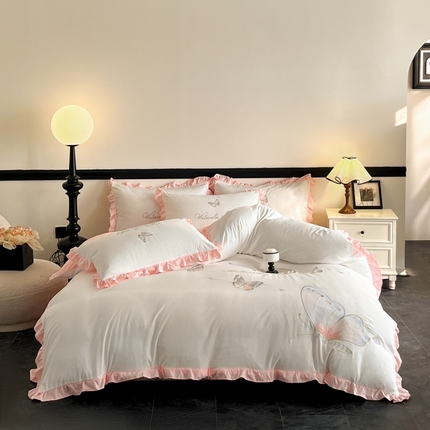 91家纺网 家纺一手货源 找家纺 （总）苏美 2025新款小清新花边水洗棉刺绣四件套