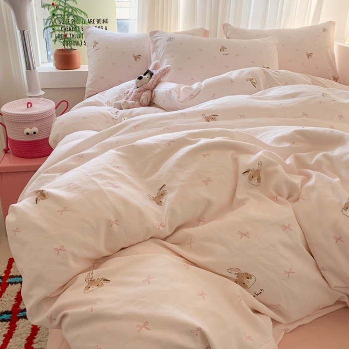 91家纺网 家纺一手货源 找家纺 吾欢心 2025新款针织棉双层纱四件套 可爱小兔