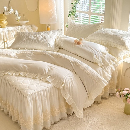 91家纺网 家纺一手货源 找家纺 （总）美达家纺 2025新款山茶花系列纯色A类全棉半夹棉床裙四件套