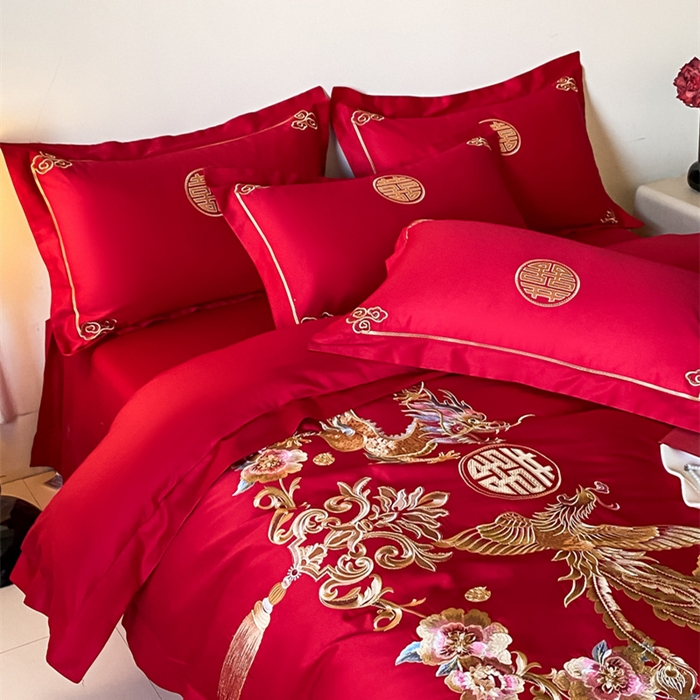 91家纺网 家纺一手货源 找家纺 欧乐蒂 2025新款全棉刺绣婚庆四件套 龙凤和美