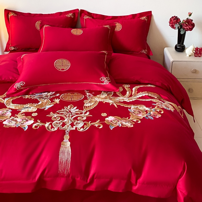 91家纺网 家纺一手货源 找家纺 欧乐蒂 2025新款全棉刺绣婚庆四件套 龙凤和美