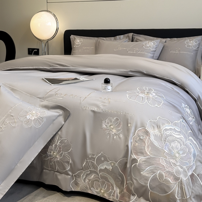 91家纺网 家纺一手货源 找家纺 欧乐蒂 2025新款亲肤棉刺绣四件套-花韵 花韵-夜灰