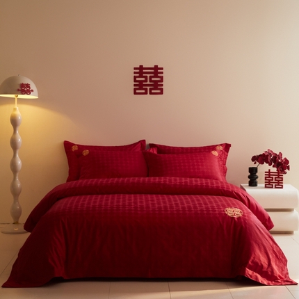 欧乐蒂 2025新款高支高密提花婚庆四件套 双囍-金