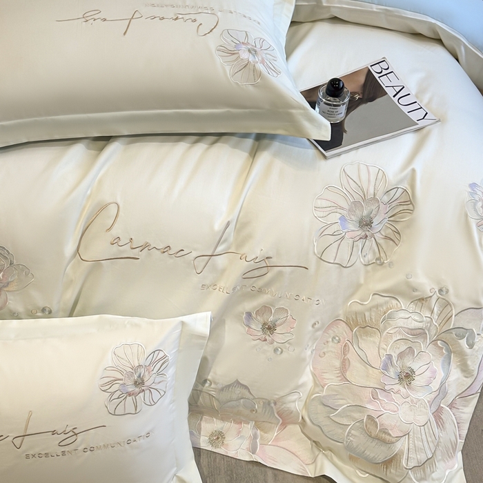 91家纺网 家纺一手货源 找家纺 欧乐蒂 2025新款亲肤棉刺绣四件套-花韵 花韵-白兰