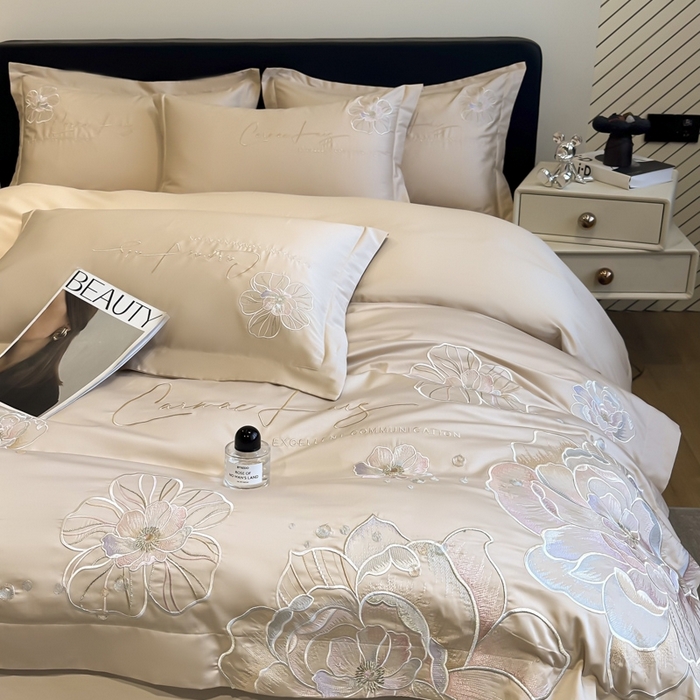 91家纺网 家纺一手货源 找家纺 欧乐蒂 2025新款亲肤棉刺绣四件套-花韵 花韵-金咖