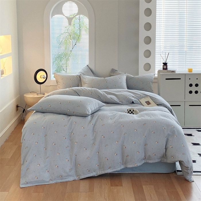 91家纺网 家纺一手货源 找家纺 于果 2025新款全棉双层纱四件套 金菠萝-蓝