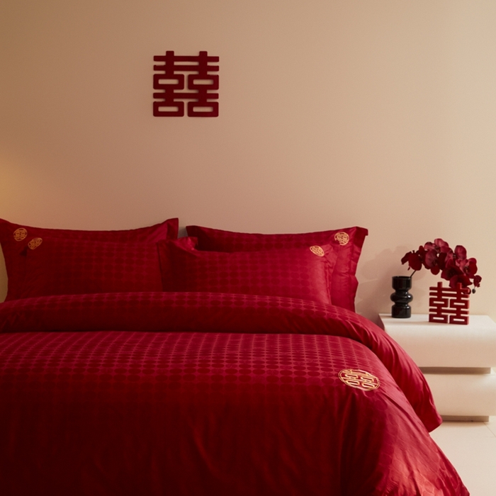 91家纺网 家纺一手货源 找家纺 欧乐蒂 2025新款高支高密提花婚庆四件套 双囍-金