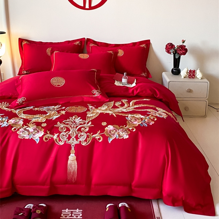 91家纺网 家纺一手货源 找家纺 欧乐蒂 2025新款全棉刺绣婚庆四件套 龙凤和美