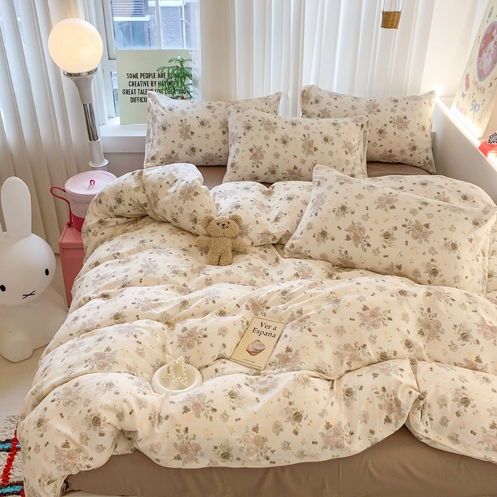 91家纺网 家纺一手货源 找家纺 吾欢心 2025新款针织棉双层纱四件套 薄雾玫瑰