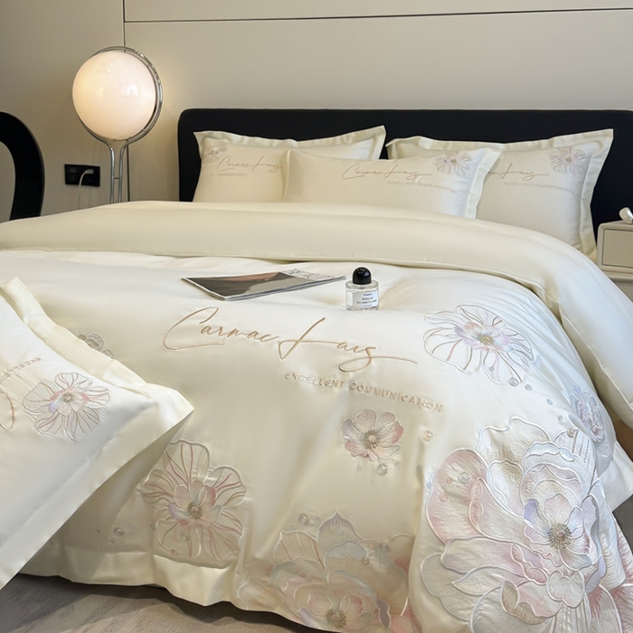 91家纺网 家纺一手货源 找家纺 欧乐蒂 2025新款亲肤棉刺绣四件套-花韵 花韵-暖白