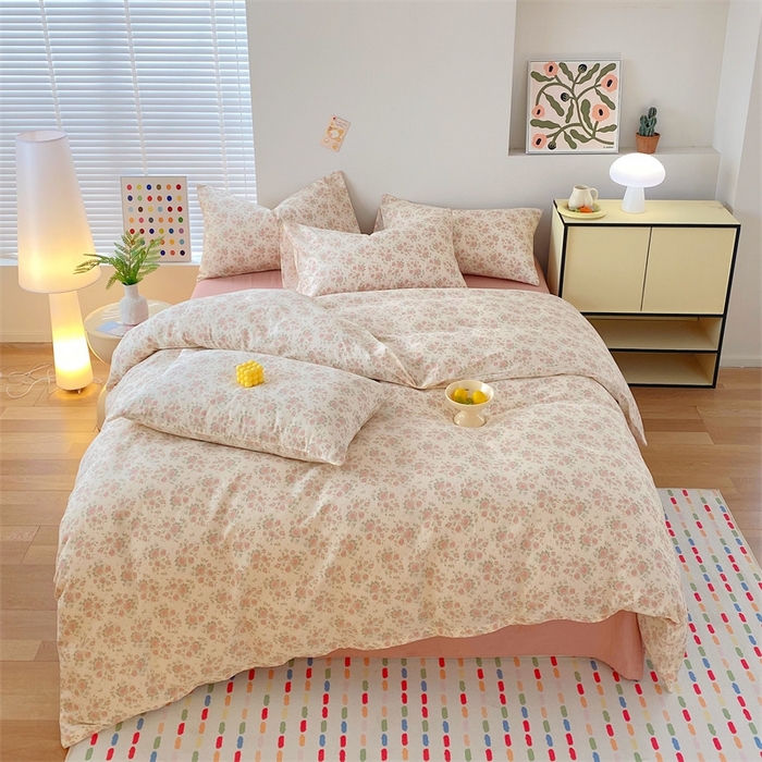 91家纺网 家纺一手货源 找家纺 于果 2025新款全棉双层纱四件套 玫瑰-米