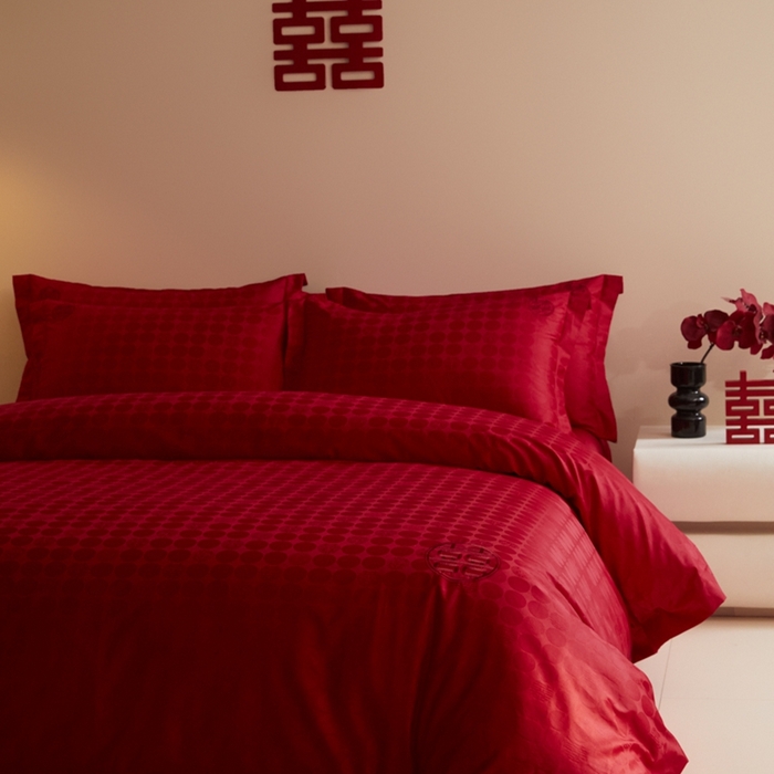 91家纺网 家纺一手货源 找家纺 欧乐蒂 2025新款高支高密提花婚庆四件套 双囍-红