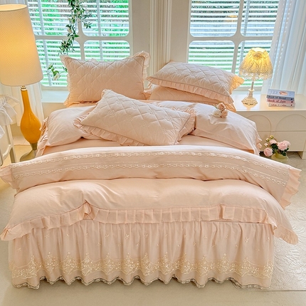 91家纺网 家纺一手货源 找家纺 （总）美达家纺 2025新款山茶花系列纯色A类全棉单层床裙四件套