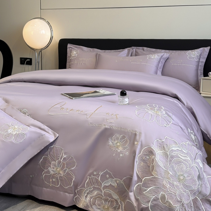 91家纺网 家纺一手货源 找家纺 欧乐蒂 2025新款亲肤棉刺绣四件套-花韵 花韵-芋紫