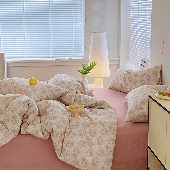 91家纺网 家纺一手货源 找家纺 于果 2025新款全棉双层纱四件套 玫瑰-米