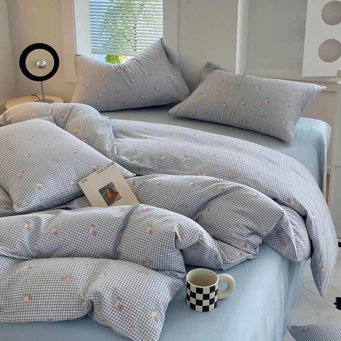 91家纺网 家纺一手货源 找家纺 于果 2025新款全棉双层纱四件套 金菠萝-蓝