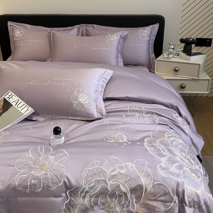 91家纺网 家纺一手货源 找家纺 欧乐蒂 2025新款亲肤棉刺绣四件套-花韵 花韵-芋紫