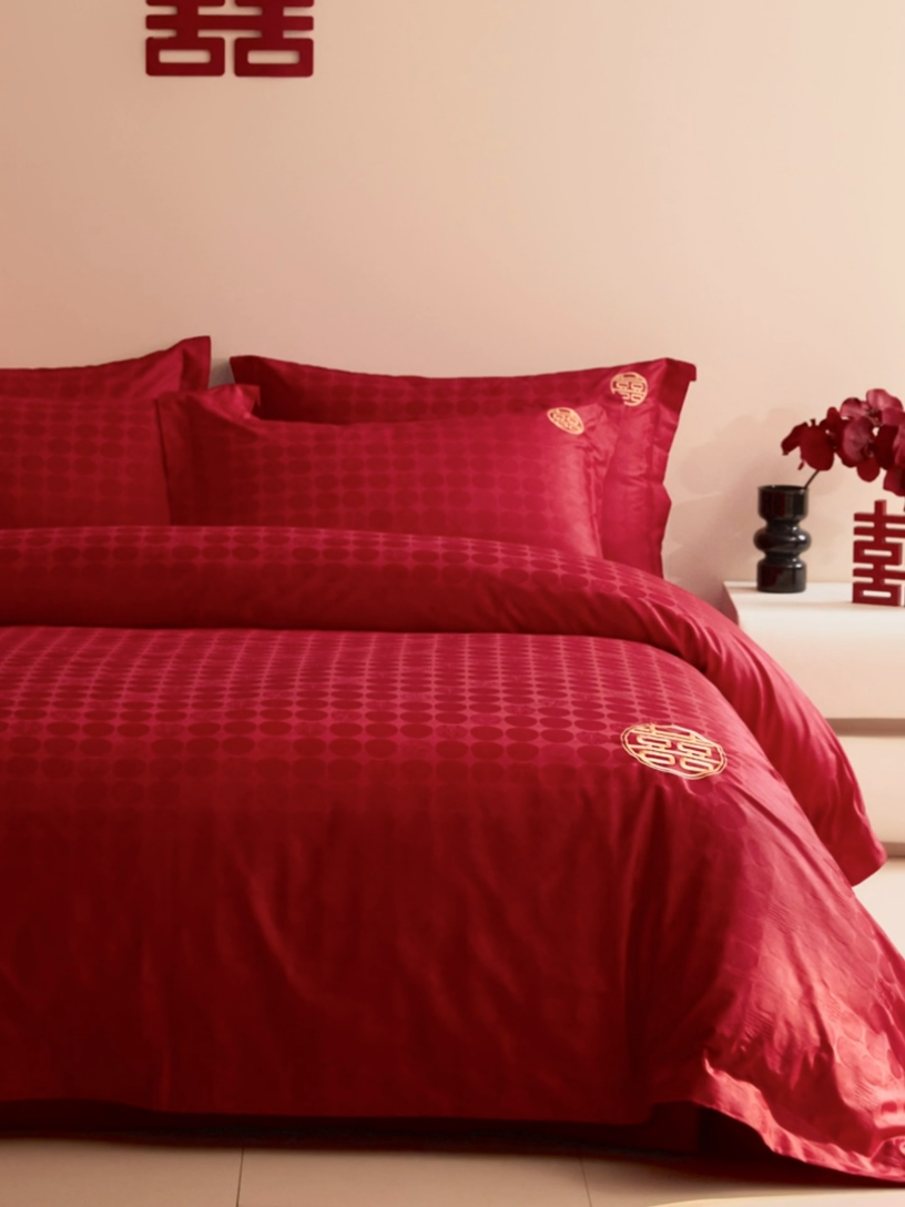 91家纺网 家纺一手货源 找家纺 欧乐蒂 2025新款高支高密提花婚庆四件套 双囍-金