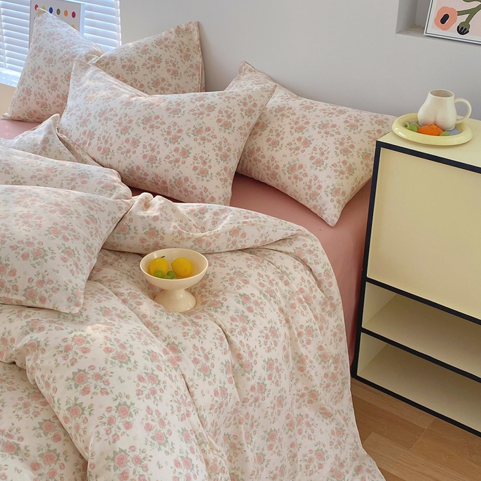 91家纺网 家纺一手货源 找家纺 于果 2025新款全棉双层纱四件套 玫瑰-米