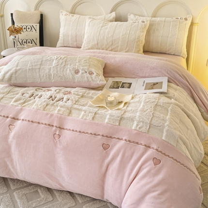 91家纺网 家纺一手货源 找家纺 （买家秀爆款不断货）A类母婴级獭兔绒四件套珊瑚绒四件套雪花绒四件套工艺款兔兔牛奶绒四件套兔毛绒四件套 甜心-可可粉