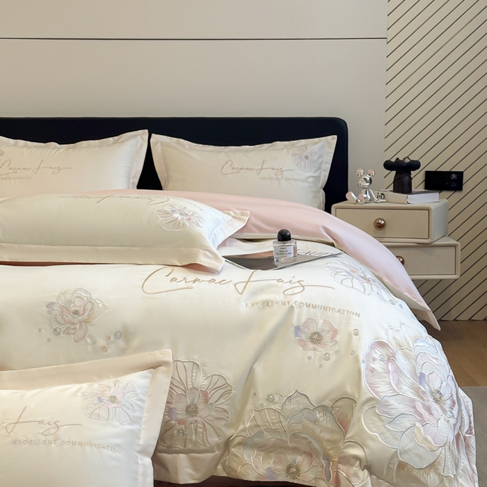 91家纺网 家纺一手货源 找家纺 欧乐蒂 2025新款亲肤棉刺绣四件套-花韵 花韵-白桃