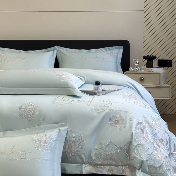 91家纺网 家纺一手货源 找家纺 欧乐蒂 2025新款亲肤棉刺绣四件套-花韵 花韵-茶绿