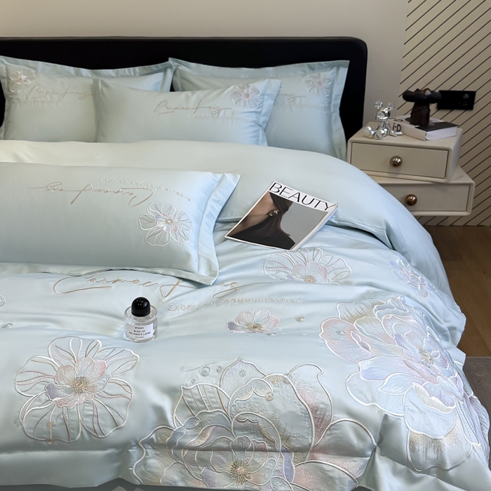 91家纺网 家纺一手货源 找家纺 欧乐蒂 2025新款亲肤棉刺绣四件套-花韵 花韵-茶绿