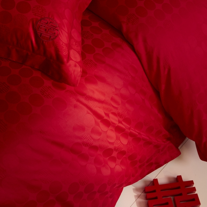 91家纺网 家纺一手货源 找家纺 欧乐蒂 2025新款高支高密提花婚庆四件套 双囍-红