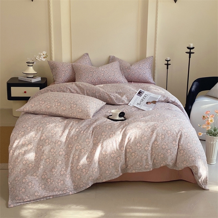 91家纺网 家纺一手货源 找家纺 于果 2025新款全棉双层纱四件套 玫瑰-灰