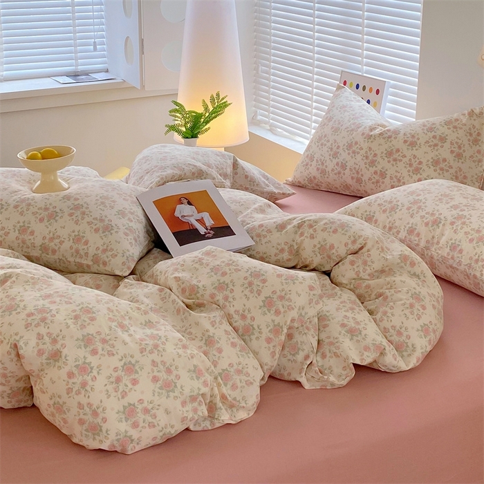 91家纺网 家纺一手货源 找家纺 于果 2025新款全棉双层纱四件套 玫瑰-米