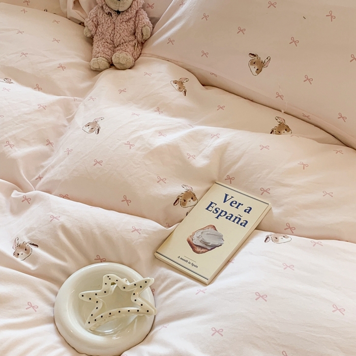 91家纺网 家纺一手货源 找家纺 吾欢心 2025新款针织棉双层纱四件套 可爱小兔