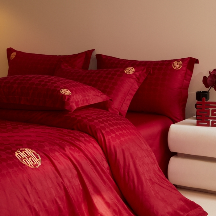 91家纺网 家纺一手货源 找家纺 欧乐蒂 2025新款高支高密提花婚庆四件套 双囍-金