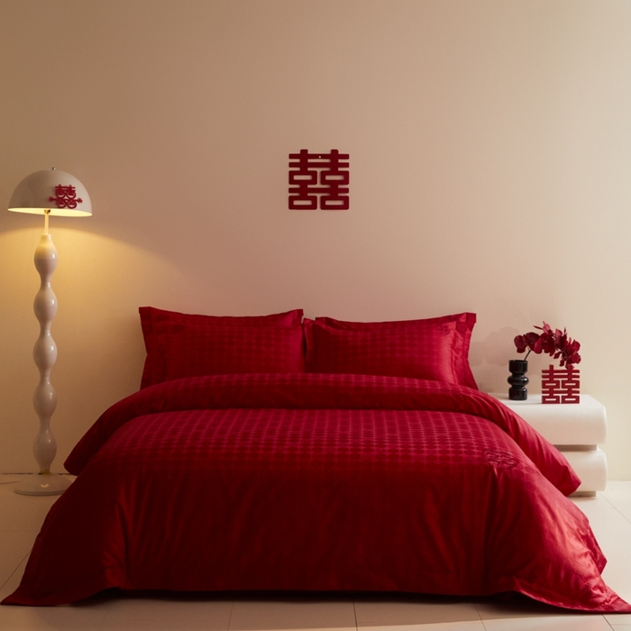 91家纺网 家纺一手货源 找家纺 欧乐蒂 2025新款高支高密提花婚庆四件套 双囍-红