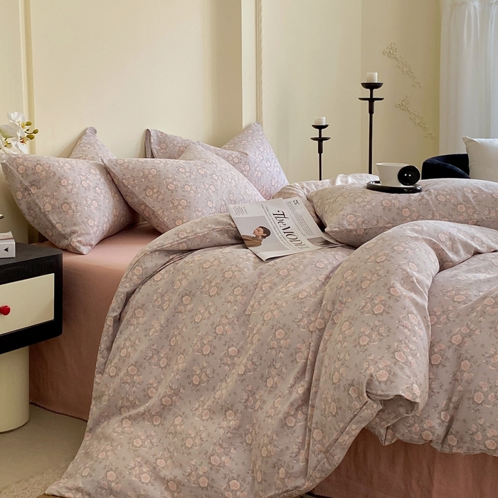 91家纺网 家纺一手货源 找家纺 于果 2025新款全棉双层纱四件套 玫瑰-灰