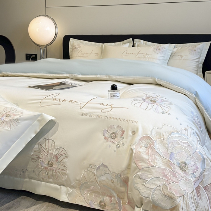 91家纺网 家纺一手货源 找家纺 欧乐蒂 2025新款亲肤棉刺绣四件套-花韵 花韵-白兰