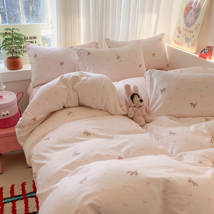 91家纺网 家纺一手货源 找家纺 吾欢心 2025新款针织棉双层纱四件套 可爱小兔