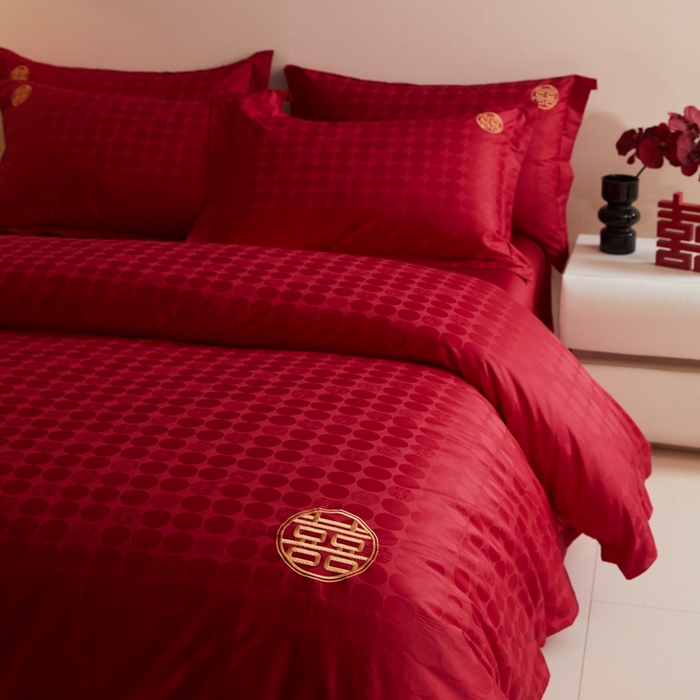 91家纺网 家纺一手货源 找家纺 欧乐蒂 2025新款高支高密提花婚庆四件套 双囍-金