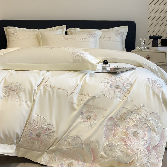 91家纺网 家纺一手货源 找家纺 欧乐蒂 2025新款亲肤棉刺绣四件套-花韵 花韵-暖白