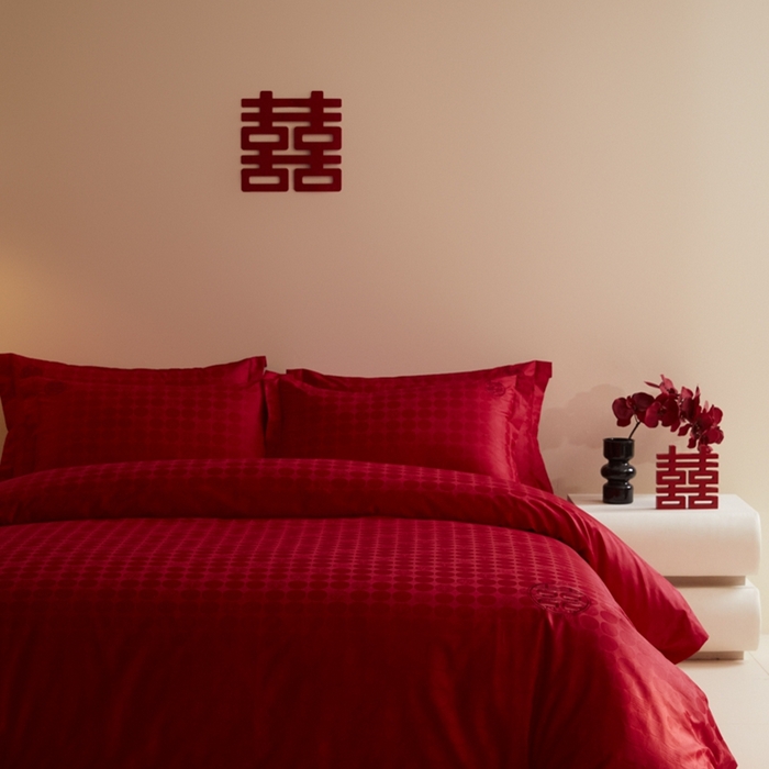 91家纺网 家纺一手货源 找家纺 欧乐蒂 2025新款高支高密提花婚庆四件套 双囍-红