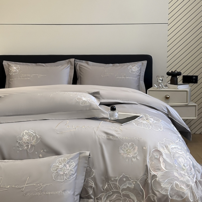 91家纺网 家纺一手货源 找家纺 欧乐蒂 2025新款亲肤棉刺绣四件套-花韵 花韵-夜灰