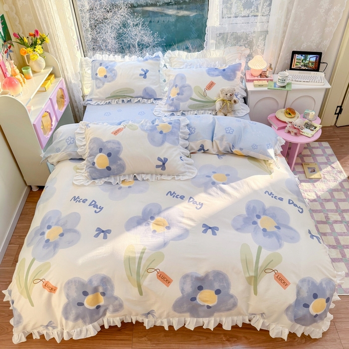 91家纺网 家纺一手货源 找家纺 （总）蓝邻 2023新款全棉印花韩版花边款四件套