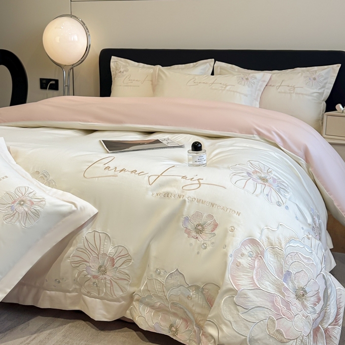 91家纺网 家纺一手货源 找家纺 欧乐蒂 2025新款亲肤棉刺绣四件套-花韵 花韵-白桃