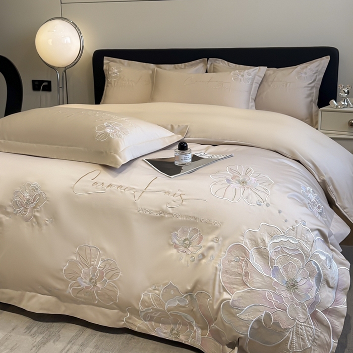 91家纺网 家纺一手货源 找家纺 欧乐蒂 2025新款亲肤棉刺绣四件套-花韵 花韵-金咖