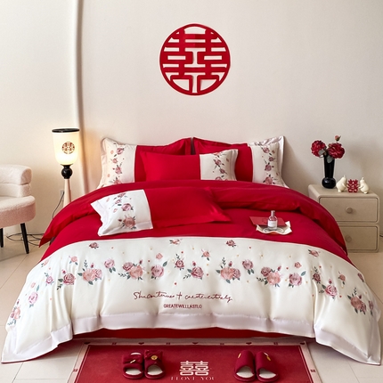 欧乐蒂 2025新款全棉刺绣婚庆四件套 玫瑰恋人