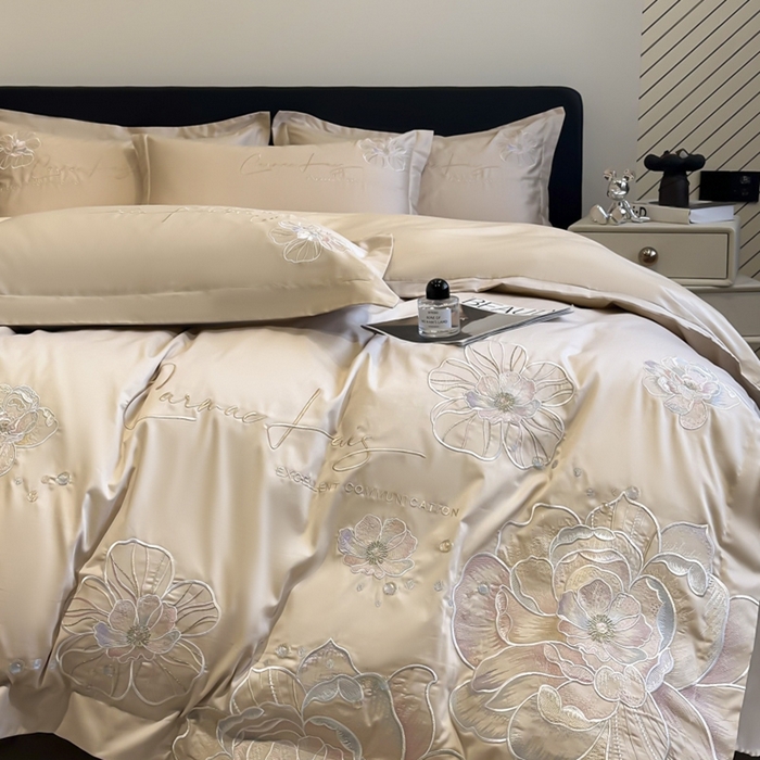 91家纺网 家纺一手货源 找家纺 欧乐蒂 2025新款亲肤棉刺绣四件套-花韵 花韵-金咖