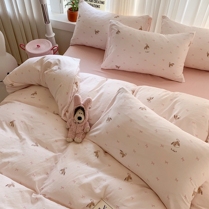 91家纺网 家纺一手货源 找家纺 吾欢心 2025新款针织棉双层纱四件套 可爱小兔