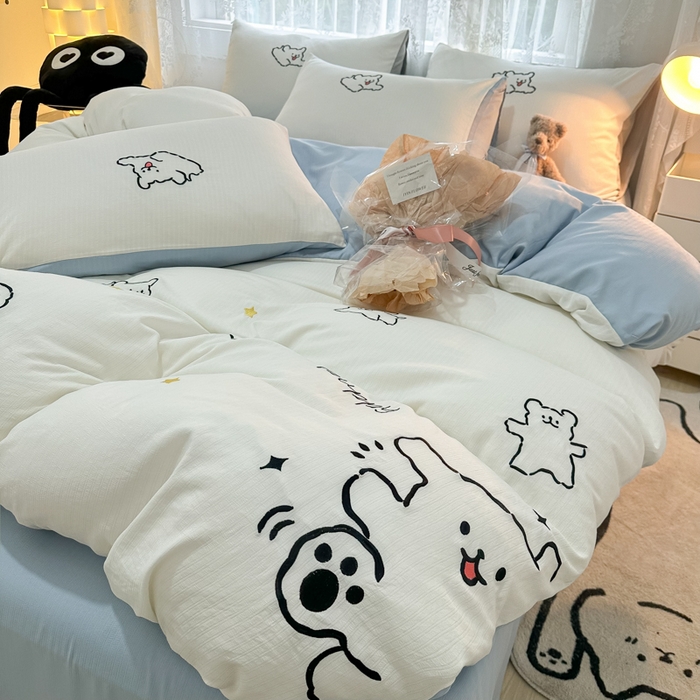 91家纺网 家纺一手货源 找家纺 多乐家纺 2025新款超柔加厚有氧提花针织小竺棉绣花四件套(提供买家秀） 小白-白蓝