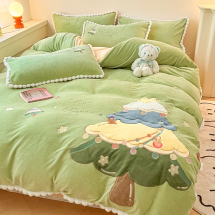 91家纺网 家纺一手货源 找家纺 （买家秀爆款不断货）A类母婴级獭兔绒四件套珊瑚绒四件套雪花绒四件套工艺款兔兔牛奶绒四件套兔毛绒四件套 星愿树-奶油绿
