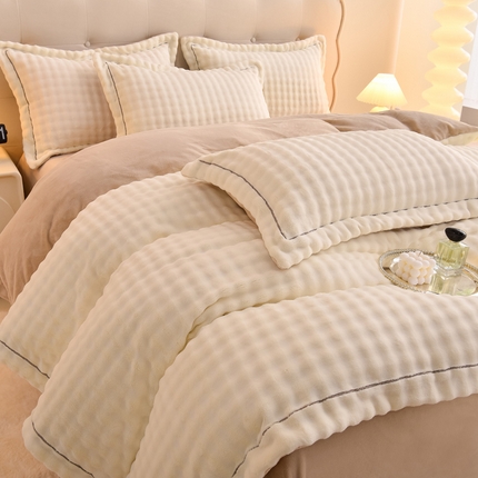 91家纺网 家纺一手货源 找家纺 （买家秀 爆款不断货）A类母婴级兔兔绒四件套大泡泡牛奶绒四件套珊瑚绒雪花绒四件套兔兔绒牛奶绒四件套 白拼咖